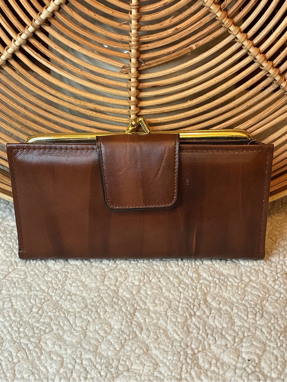 Vintage Top Grain Cowhide Leather Wallet Brown Gold Kiss Lock Credit Card Holder